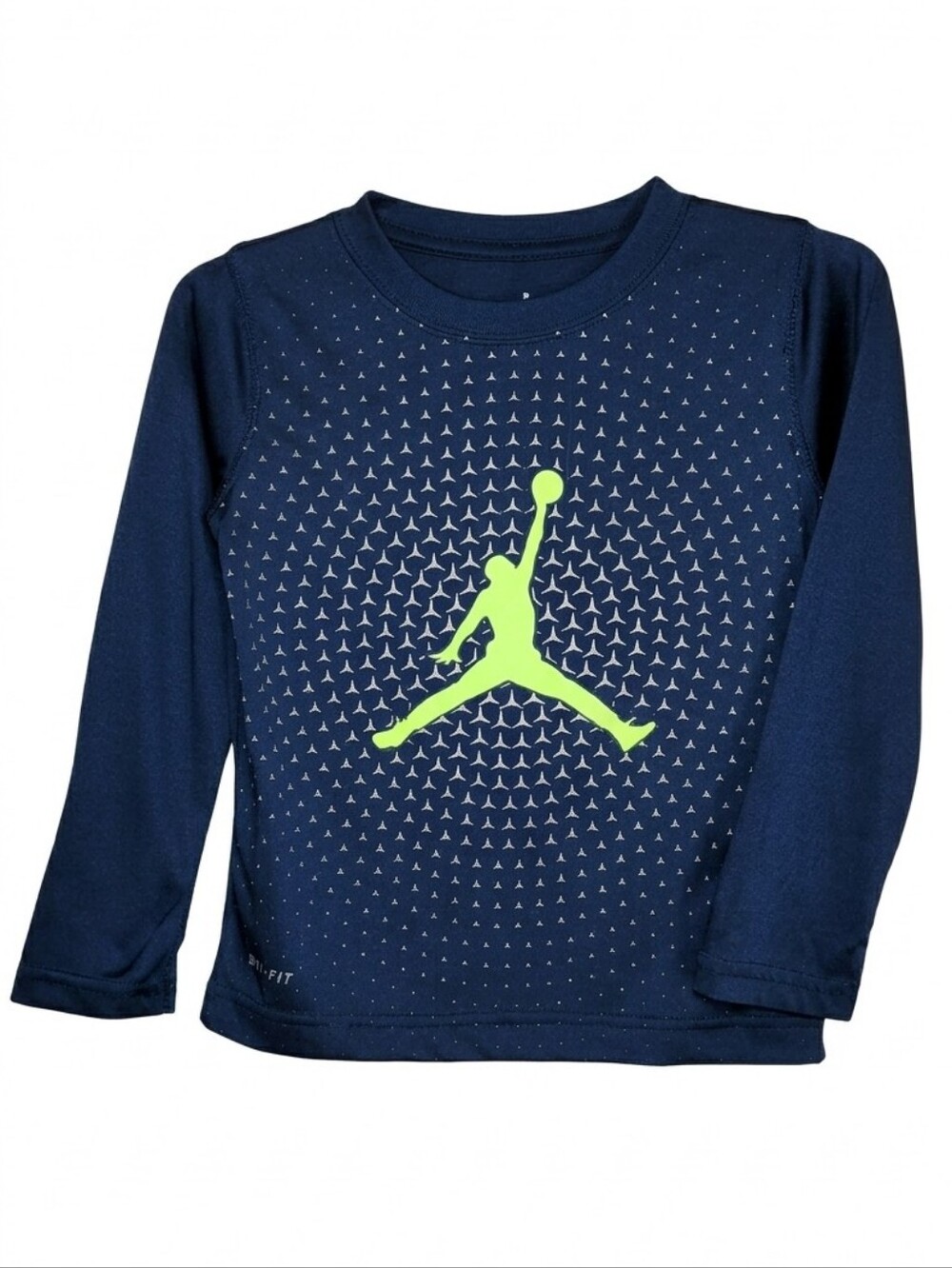 Nike Jordan Navy Blue Long-Sleeve Dri-FIT Shirt Neon Green Jumpman Logo Boys 4